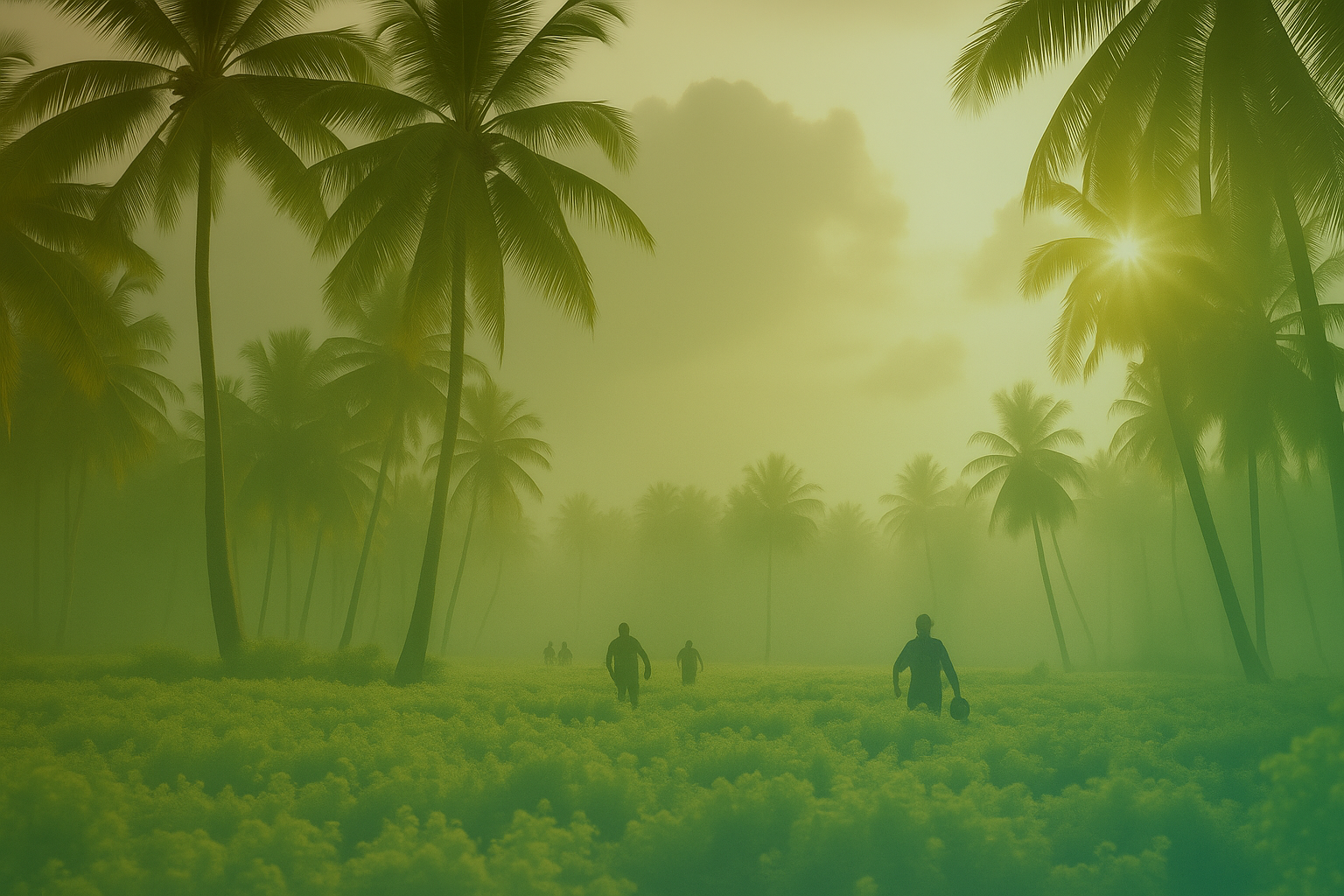 Coconut farm landscape with workers harvesting coconuts